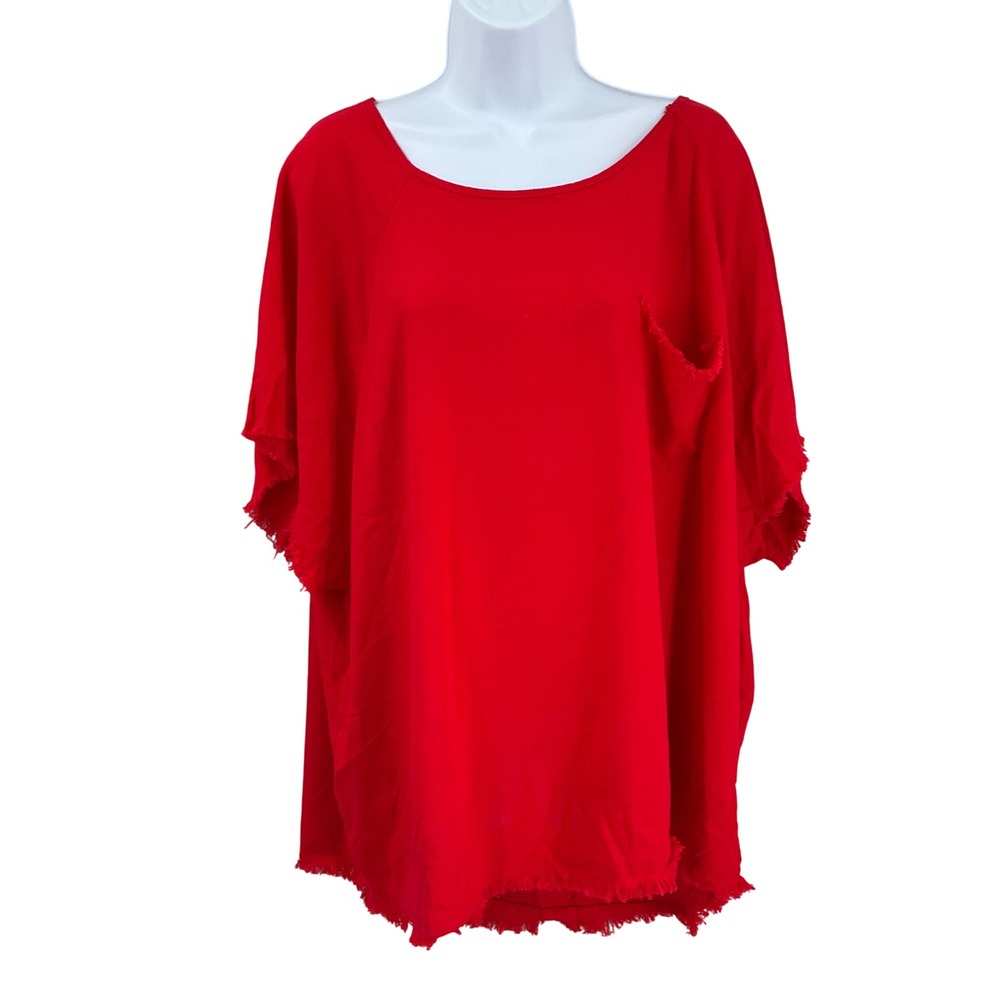 Umgee‎ Top Women 2XL Red Linen Blend Frayed Fringe Bohemian Oversized Breathable